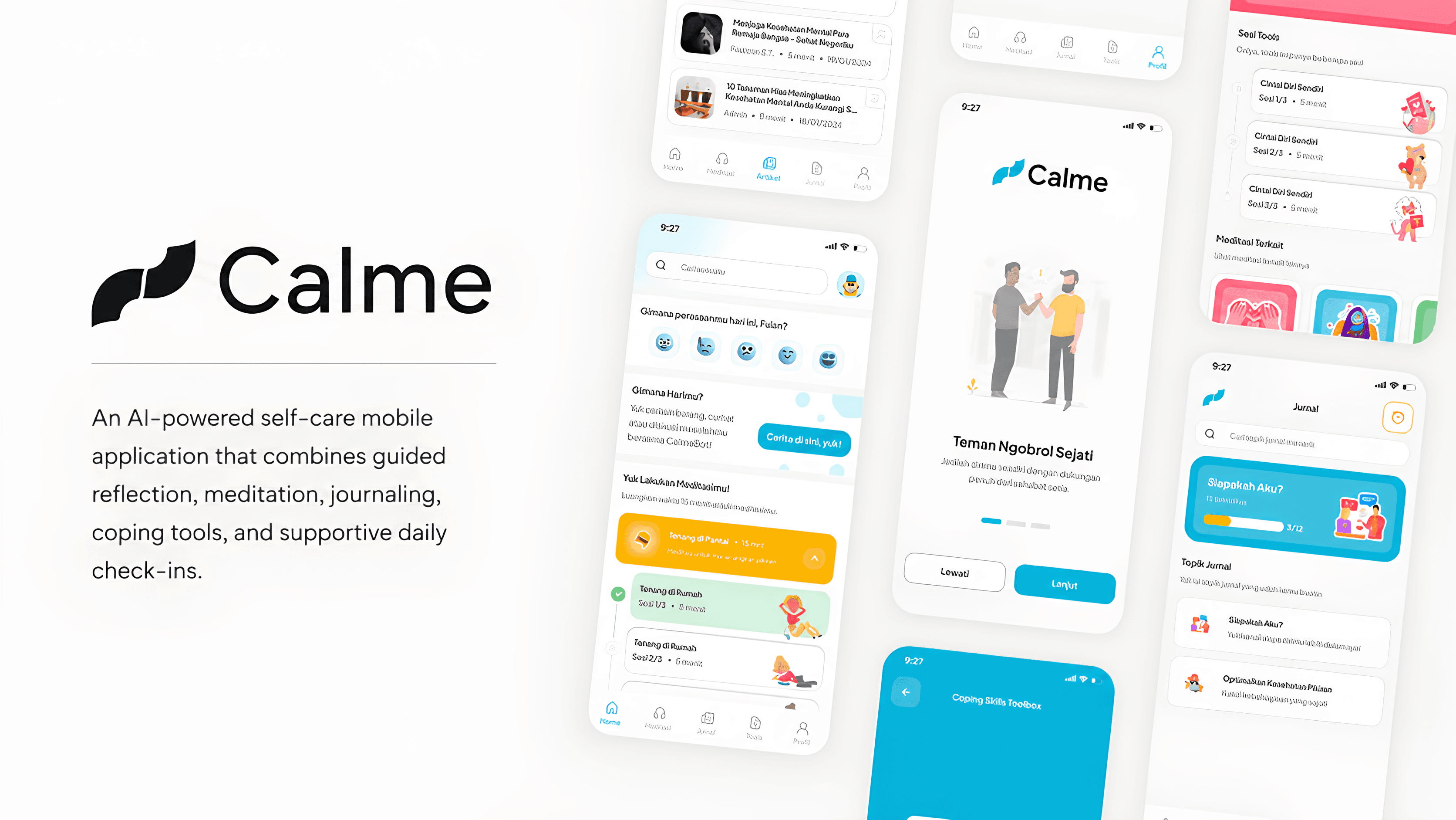 Calme mobile interfaces showing onboarding, the home dashboard, meditation, journaling, and educational content.