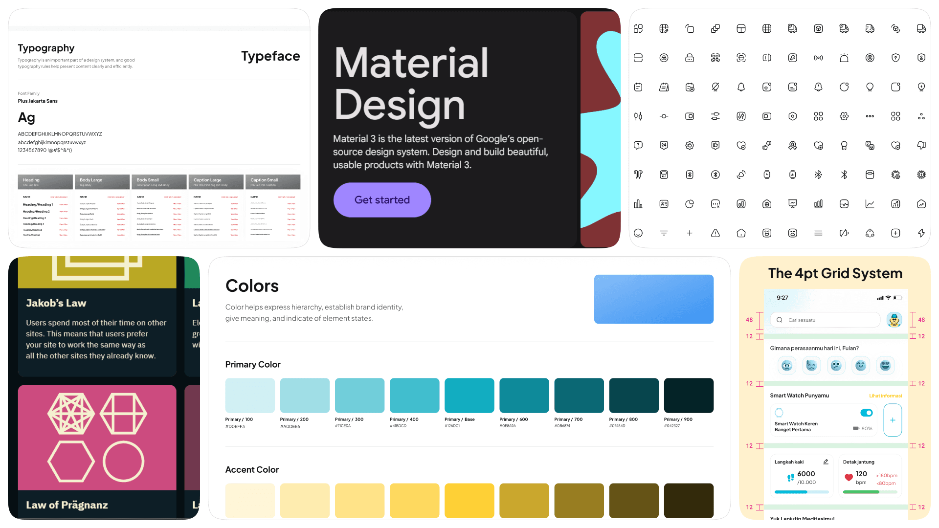 Calme design-system board showing typography, Material Design references, iconography, color scales, design principles, and a 4-point spacing grid.