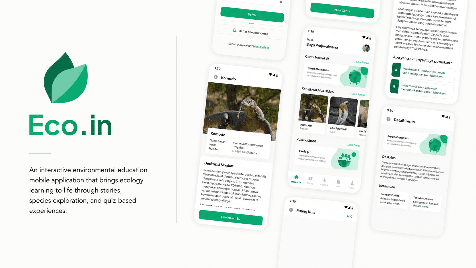 Eco.in presentation cover showing two mobile interfaces for environmental stories and species learning beneath the Eco.in logo and the line Save Our Planet, Save Our Generation.