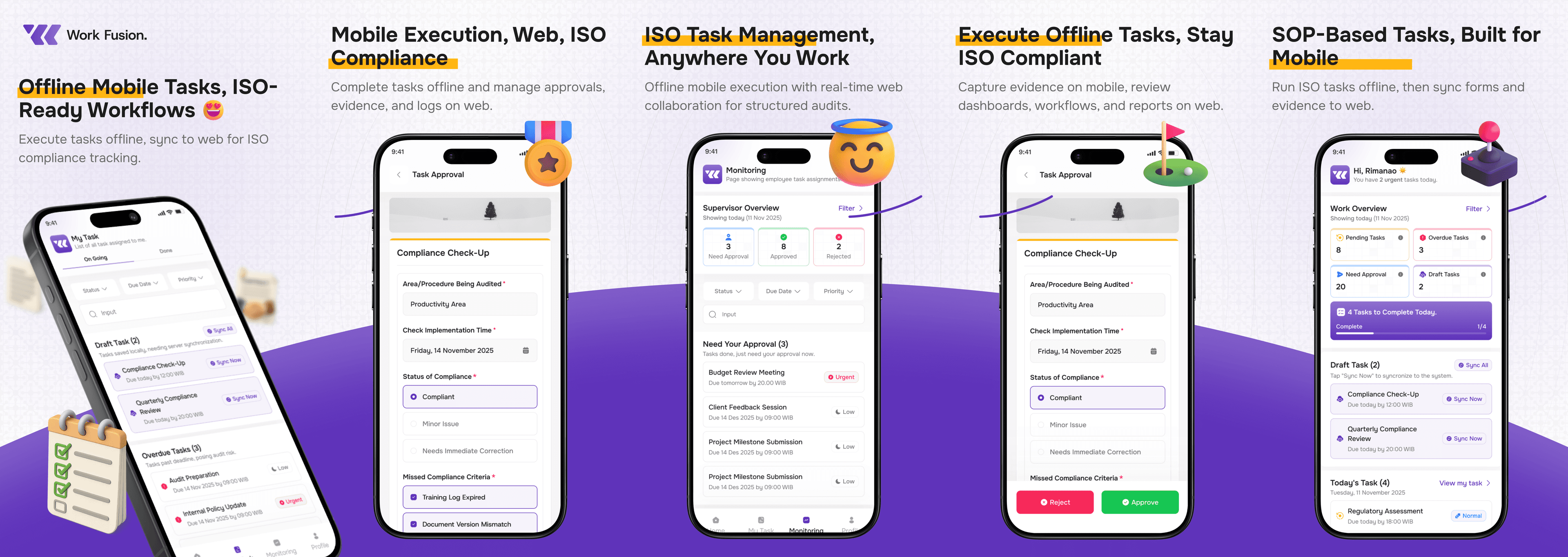 Work Fusion dashboard and mobile workflow screens for offline task execution and ISO-oriented approvals.