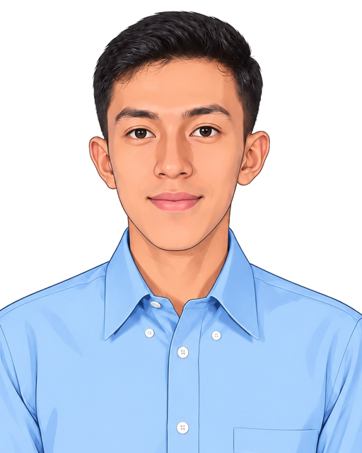 Illustrated Daffa Azhar with short side-swept dark hair and a blue collared shirt